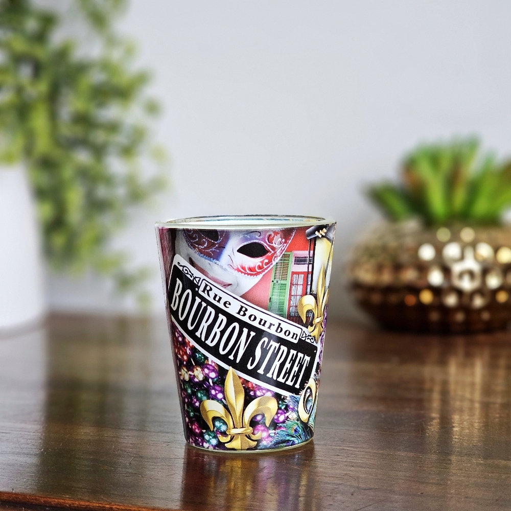 New Orleans Colorful Shot Glass Mardi Gras Party Bourbon Street / Rue Bourbon
